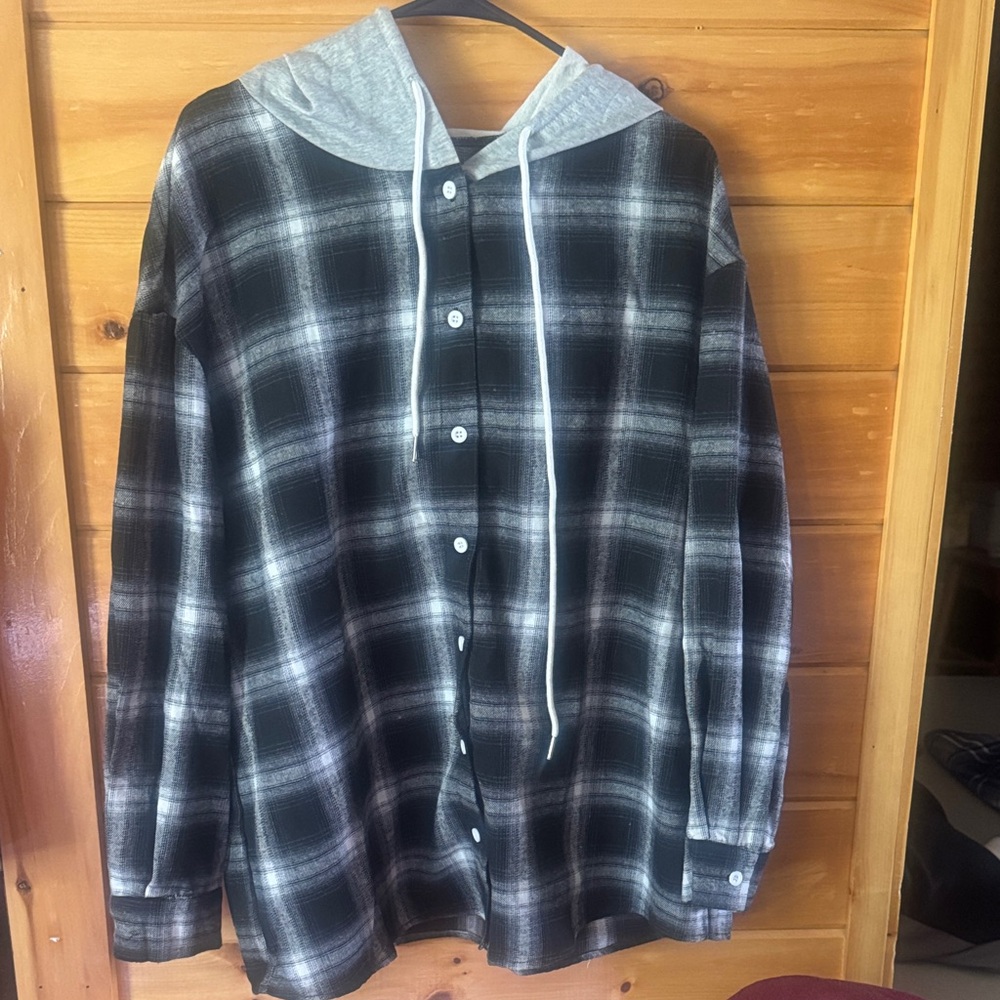 SHEIN Black and Gray Plaid Hoodie